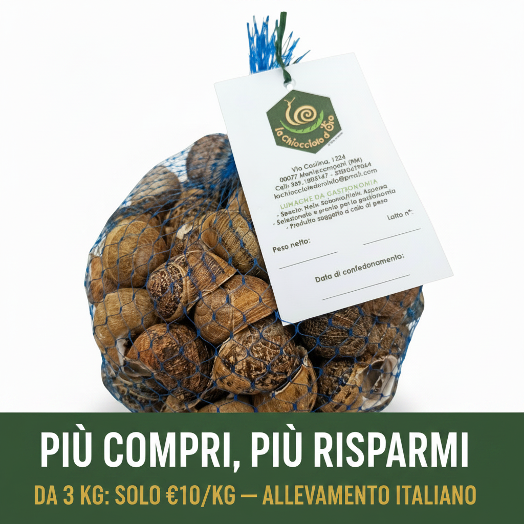 Lumache Helix Aspersa Muller fresche allevamento italiano Castelli Romani – sacchetto rete – da 3 kg solo €10/kg
